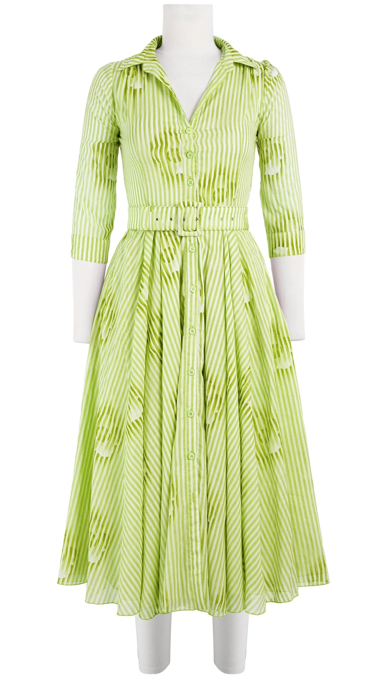 Vivien Dress Shirt Collar 3/4 Sleeve Midi Length Cotton Musola (Oxford Stripe)