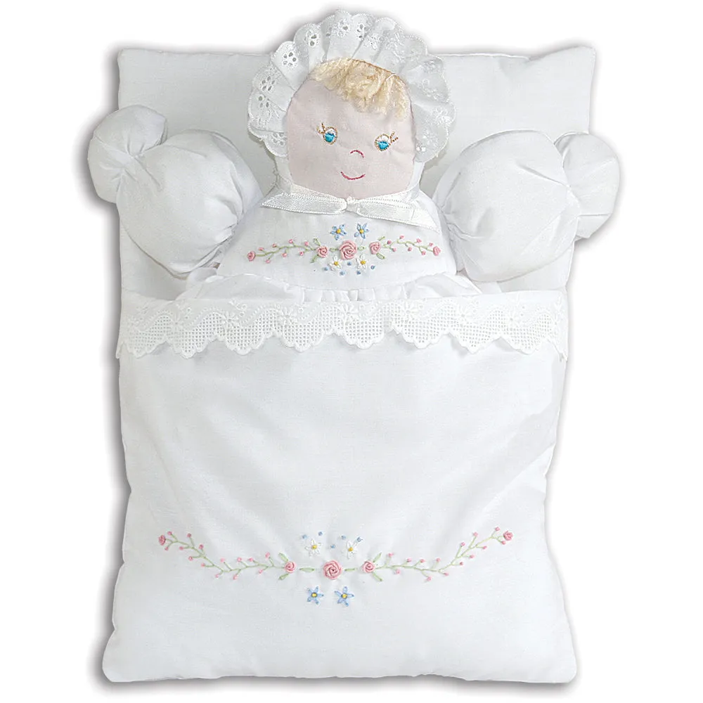 White Bunting Doll with Embroidered Flower Design