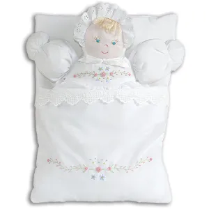 White Bunting Doll with Embroidered Flower Design