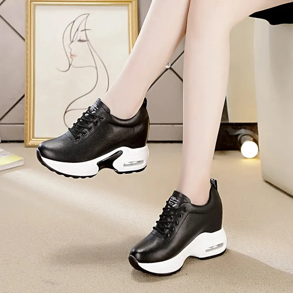 Women's Black White Sneakers Pumps Soft Leather Shoes
