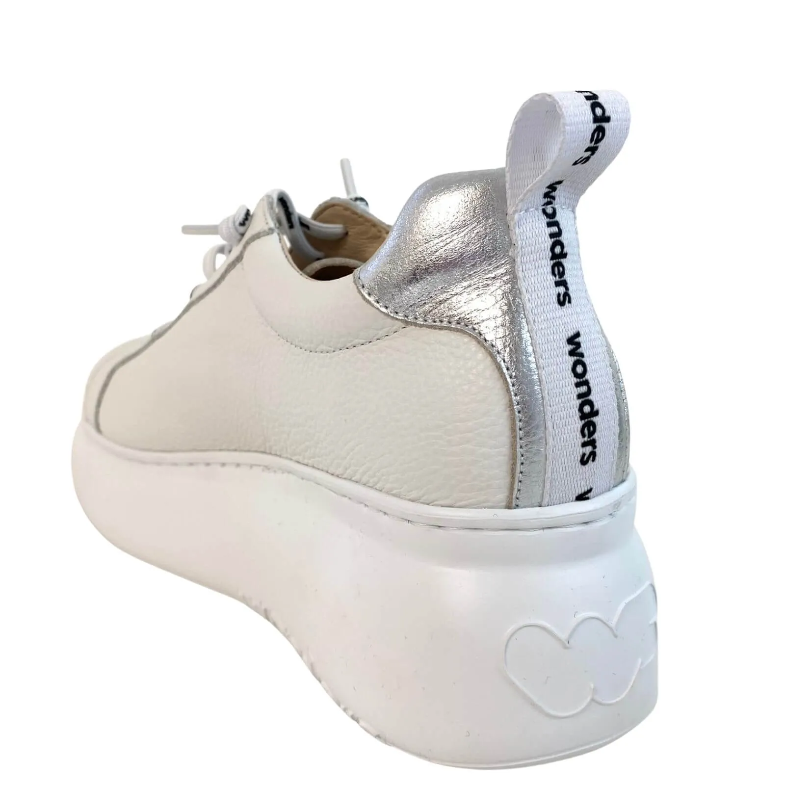 Wonders White & Silver Leather Brand Lace Sneakers