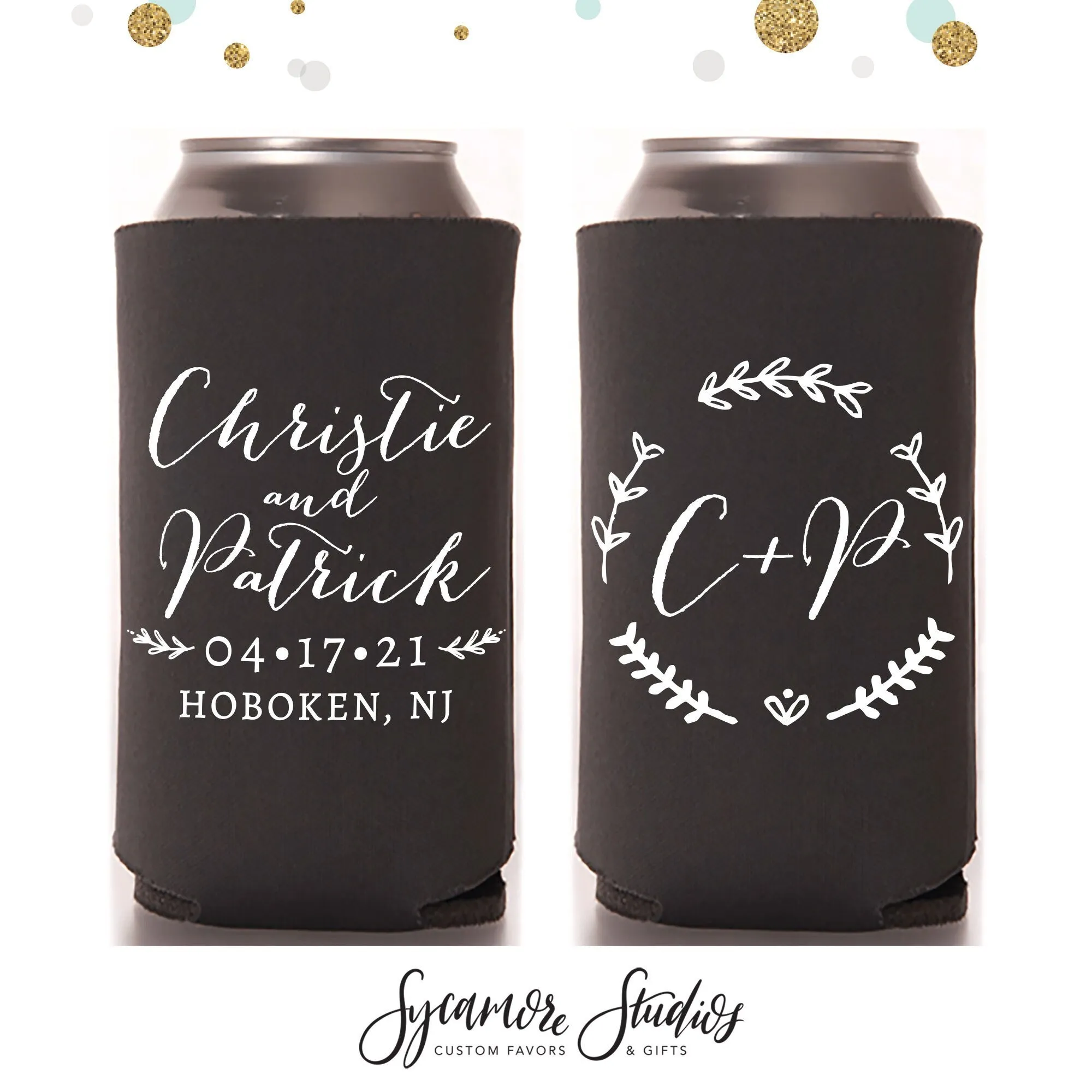 Wreath Monogram - Slim 12oz Wedding Can Cooler #86S